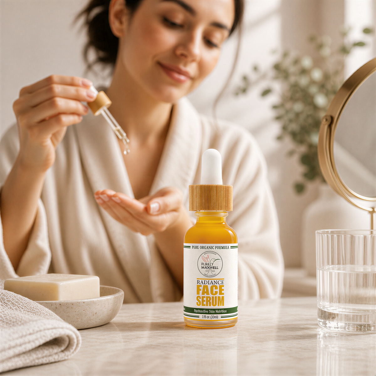 A woman in a white robe is applying a liquid product to her face, with a bottle of "RADIANCE FADE SERUM" in the foreground.