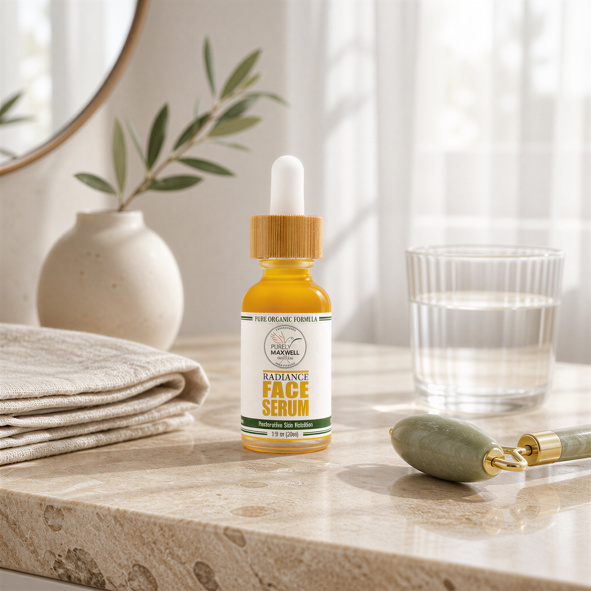 a bottle of "Face Serum" on a marble countertop, with a glass of water and a green roller brush nearby.