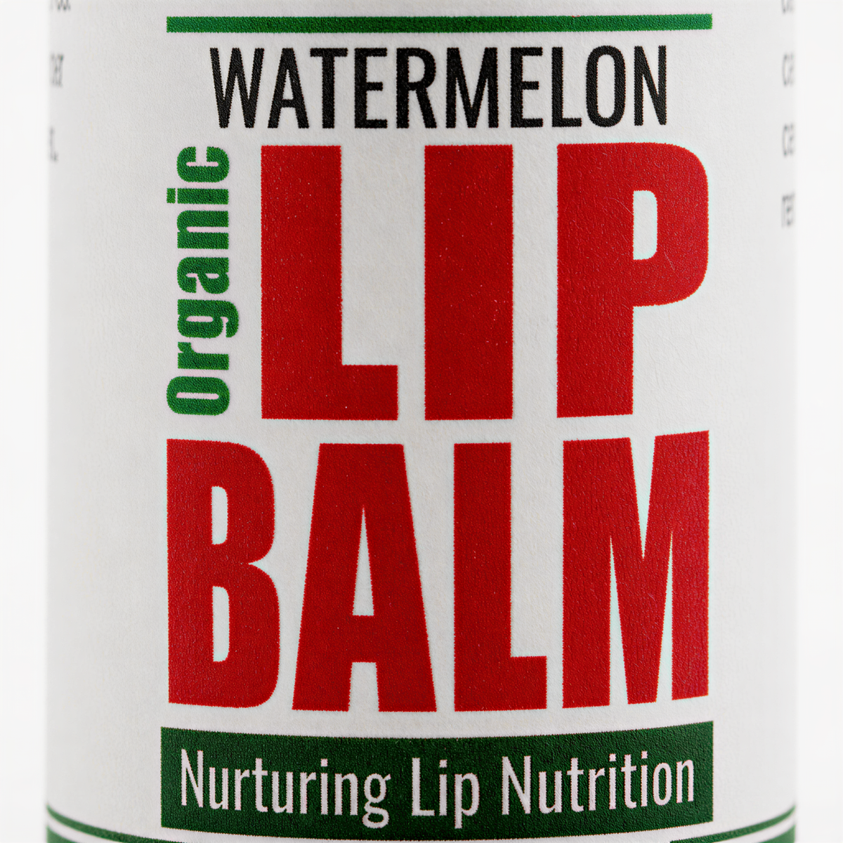 a bottle of organic lip balm with the word "WATERMELON" and "LIP BALM" prominently displayed in large red letters.